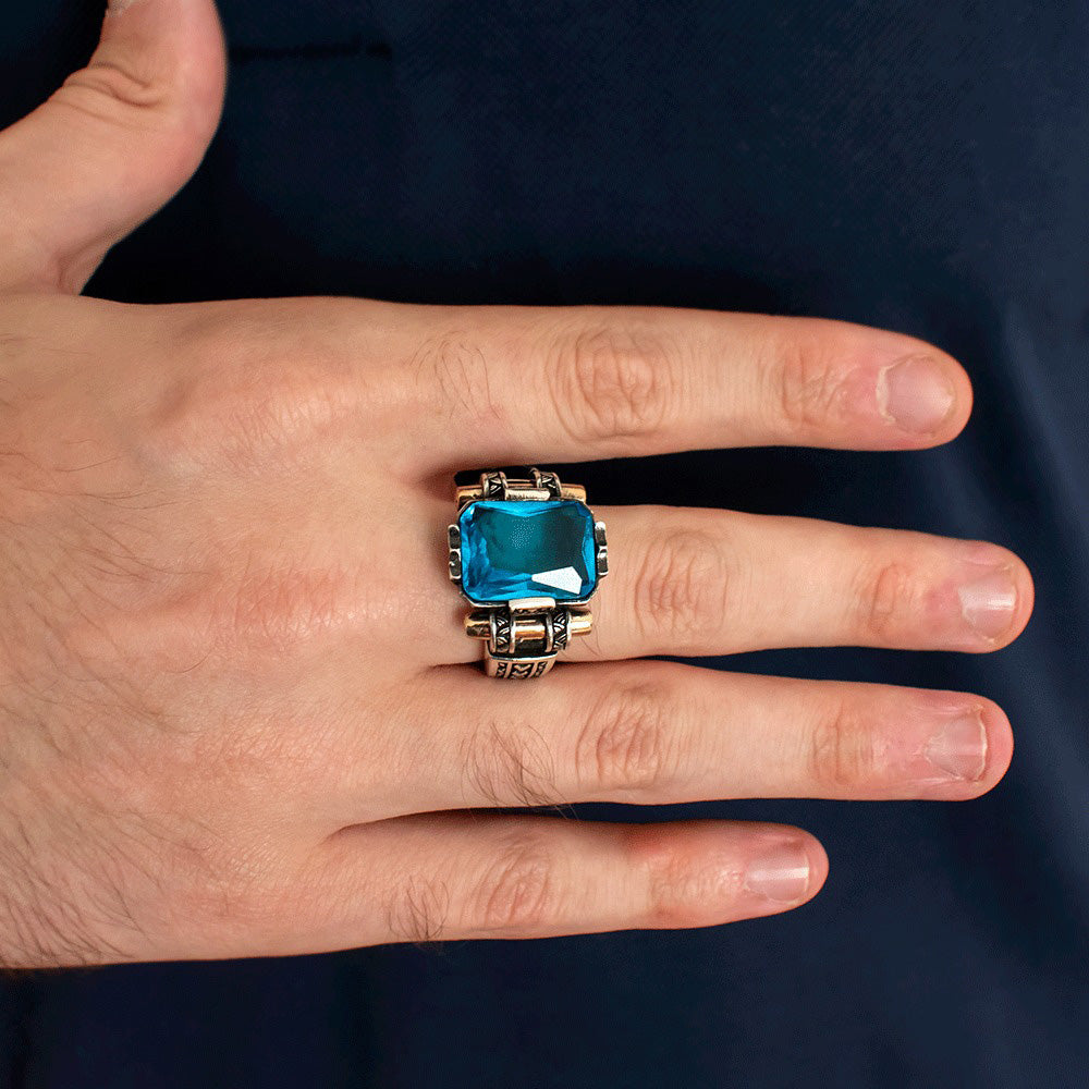 Bague pour homme avec pierre bleue CLMR0162