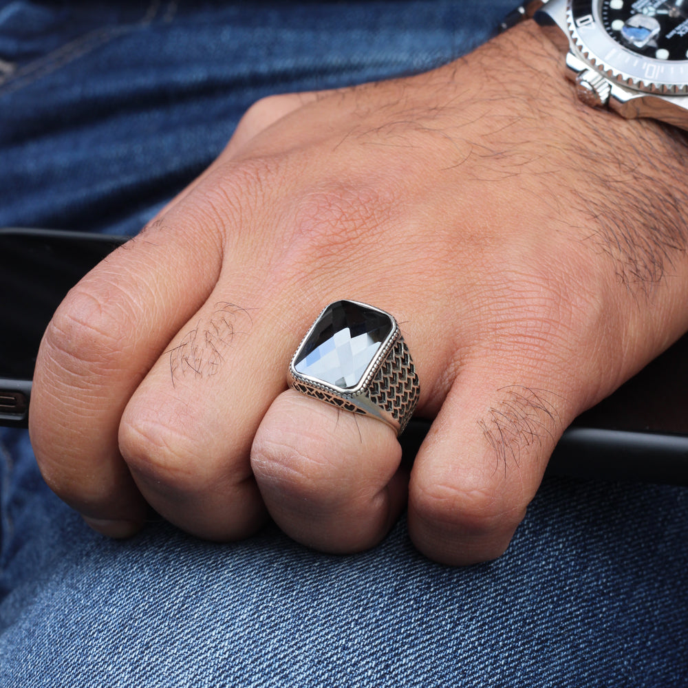 Bague pour homme en argent 925 avec pierre noire LMR295