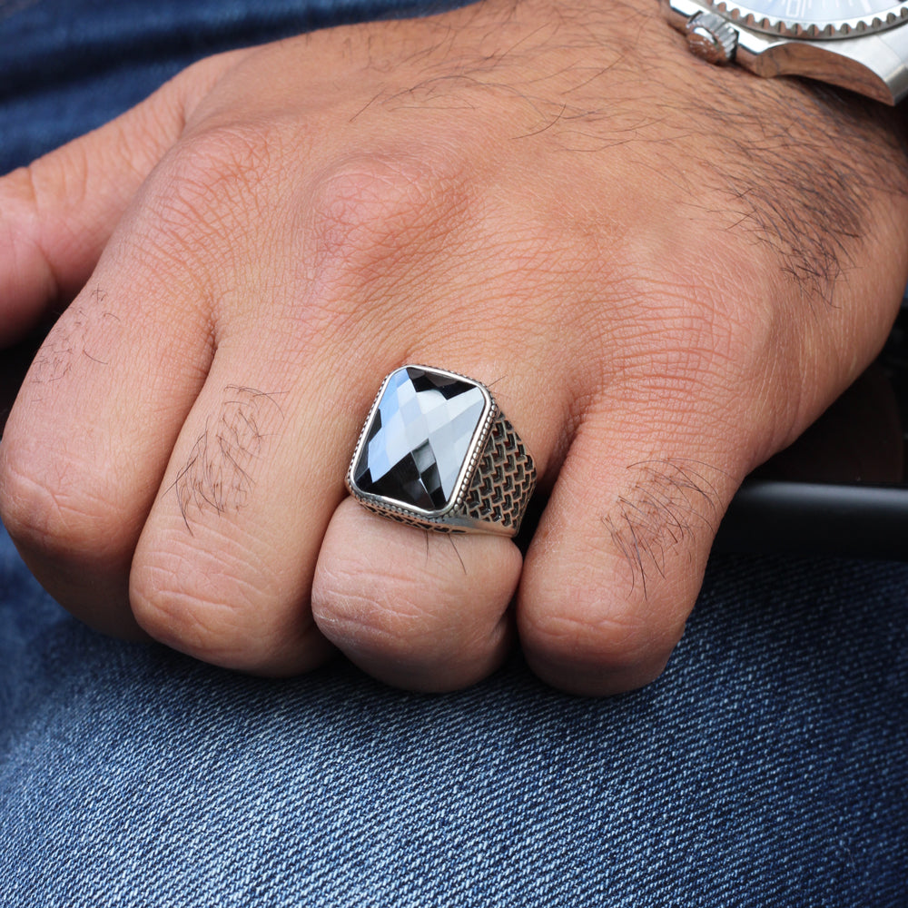 Bague pour homme en argent 925 avec pierre noire LMR295