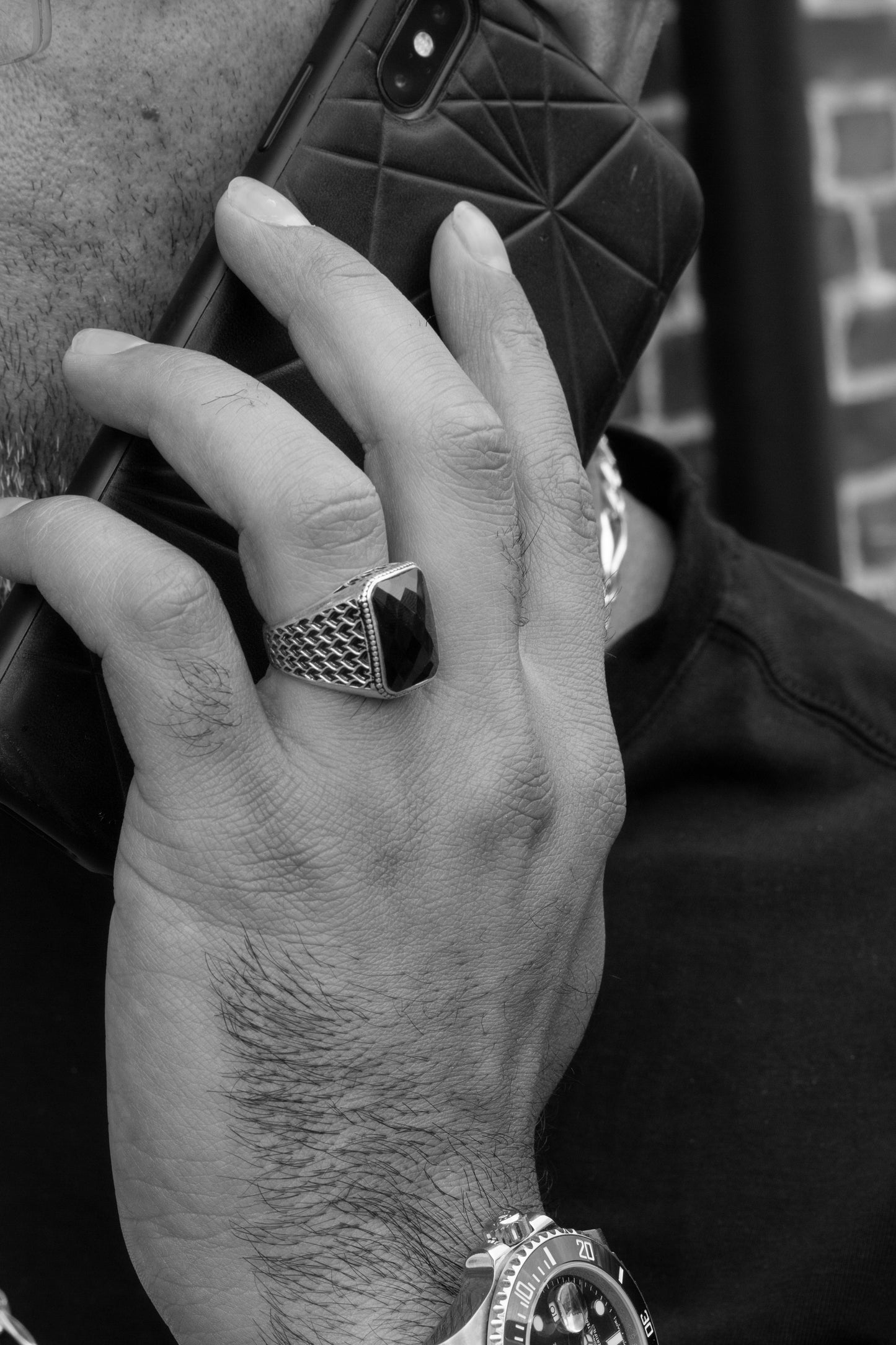Bague pour homme en argent 925 avec pierre noire LMR295
