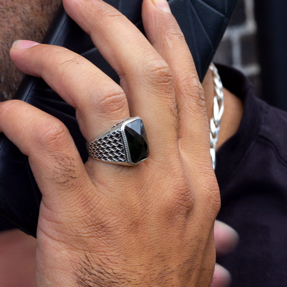 Bague pour homme en argent 925 avec pierre noire LMR295