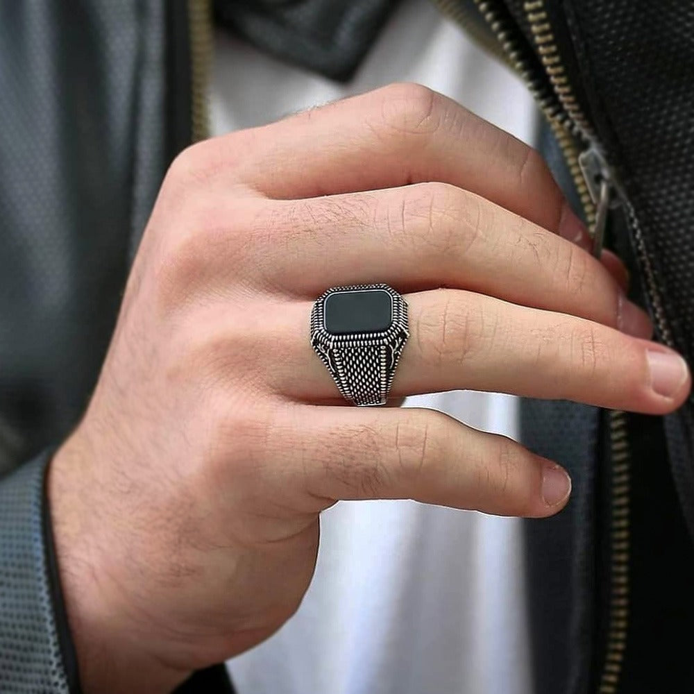 Bague pour homme en argent 925 avec pierre d'onyx LMR140