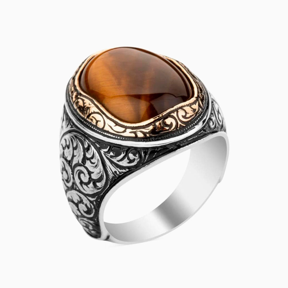 Bague pour homme en argent 925 avec pierre en œil de tigre LMR374_TG