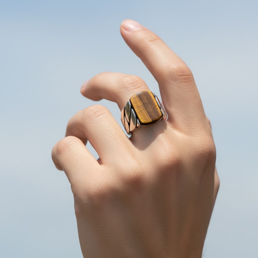 Bague pour homme en argent 925 avec pierre oeil de tigre