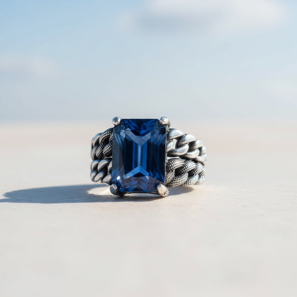 Bague homme en argent avec pierre bleue