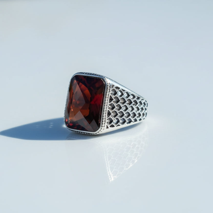 Bague pour homme en argent 925 avec pierre rouge LMR296