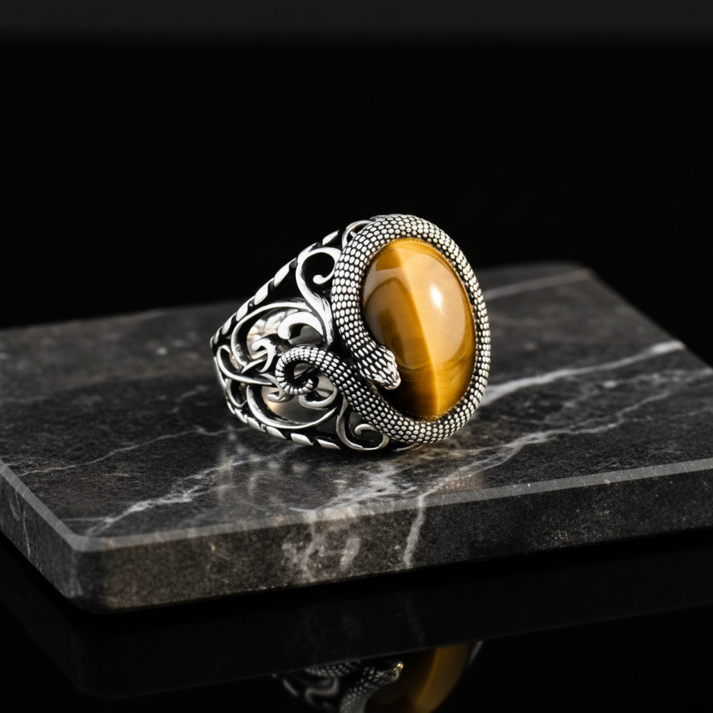 Bague serpent - argent sterling 925 avec oeil de tigre