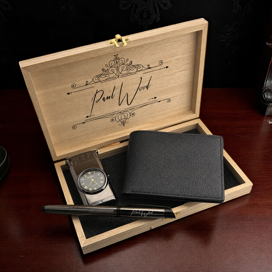 Coffret cadeau personnalisé - Stylo - Portefeuille - Briquet - Coffret cadeau