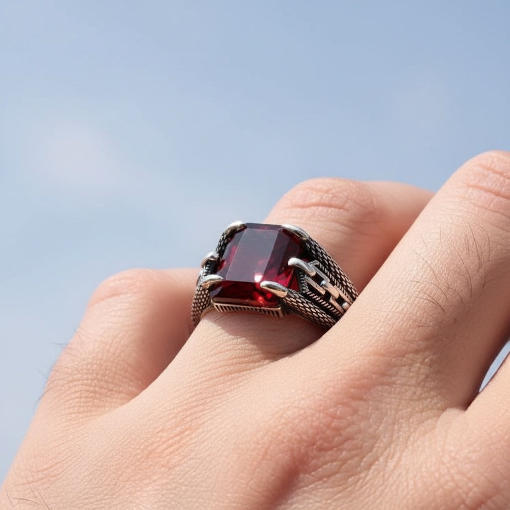 Bague pour homme en argent 925 avec pierre rouge