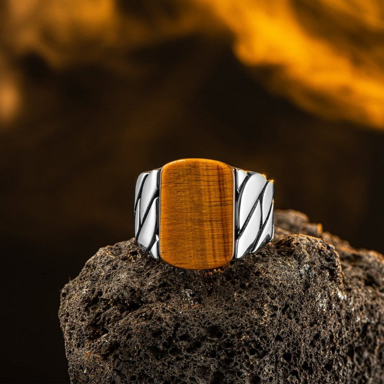 Bague pour homme en argent 925 avec pierre oeil de tigre