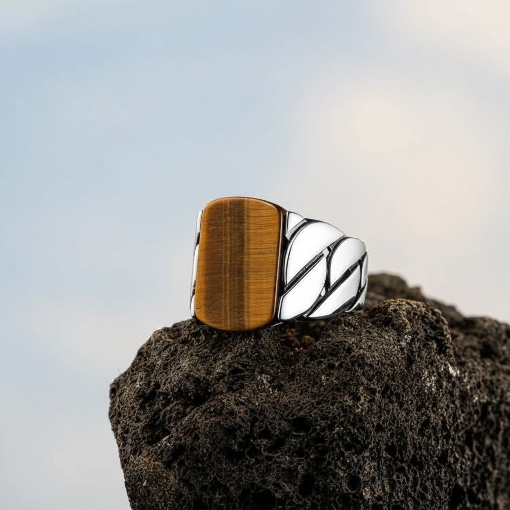 Bague pour homme en argent 925 avec pierre oeil de tigre