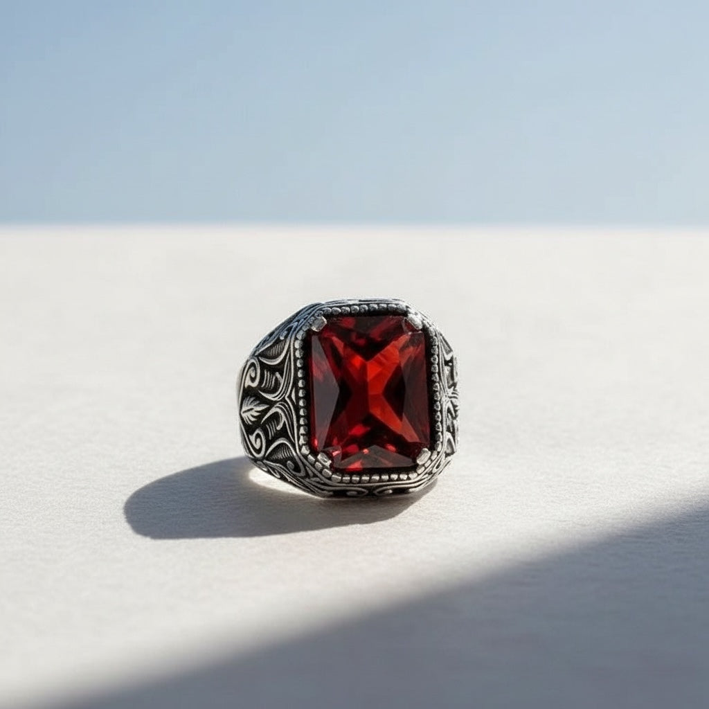 Bague pour homme en argent 925 avec pierre rouge