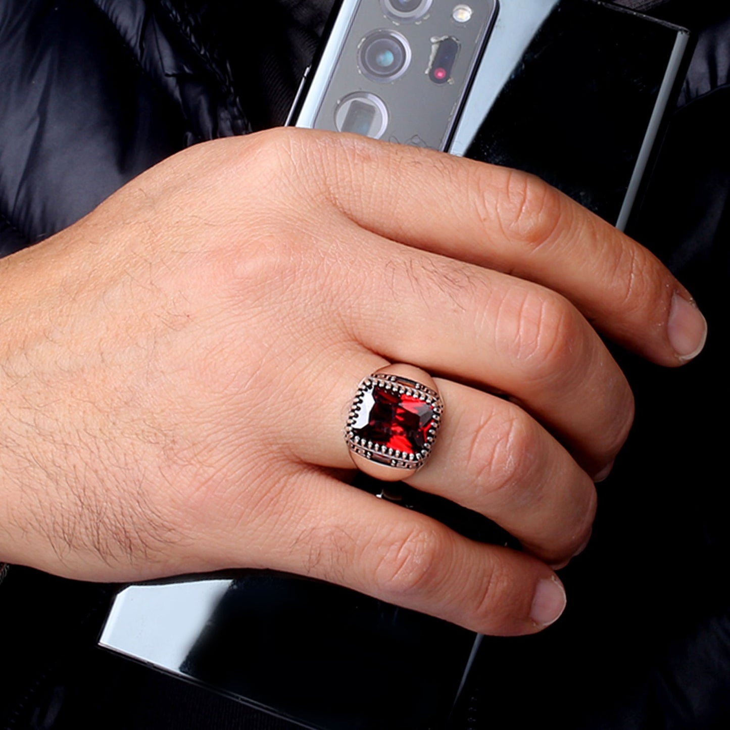 Bague pour homme en argent 925 avec pierre rouge