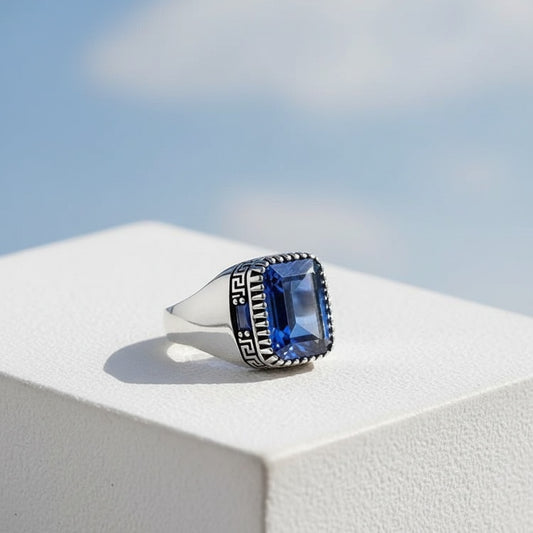 Bague homme en argent avec pierre bleue