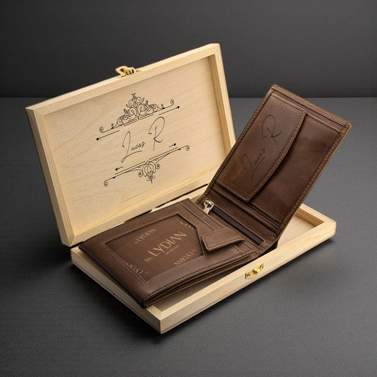 Portefeuille pour homme en cuir véritable marron (avec nom)