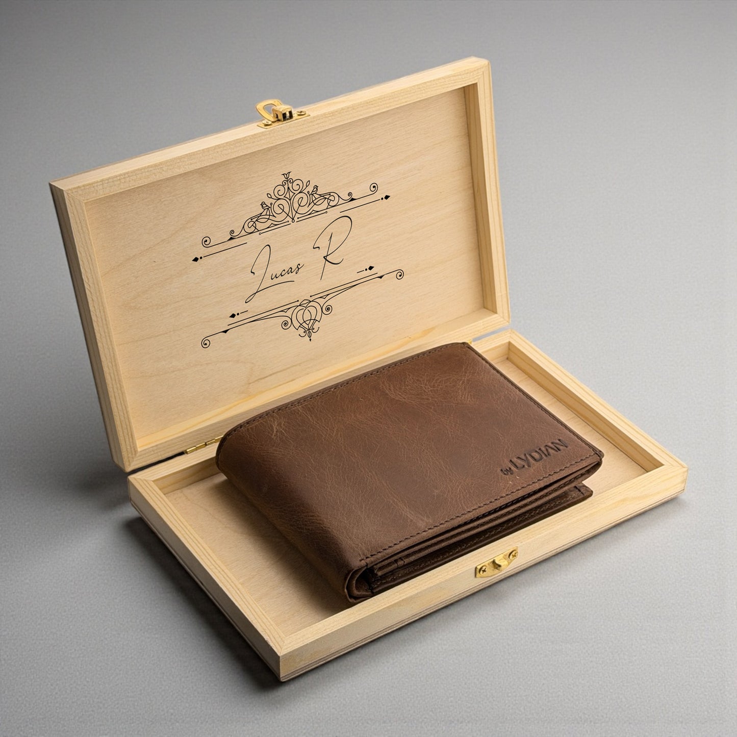 Portefeuille pour homme en cuir véritable marron (avec nom)