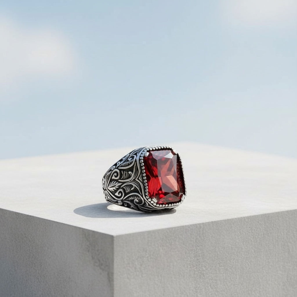 Bague pour homme en argent 925 avec pierre rouge