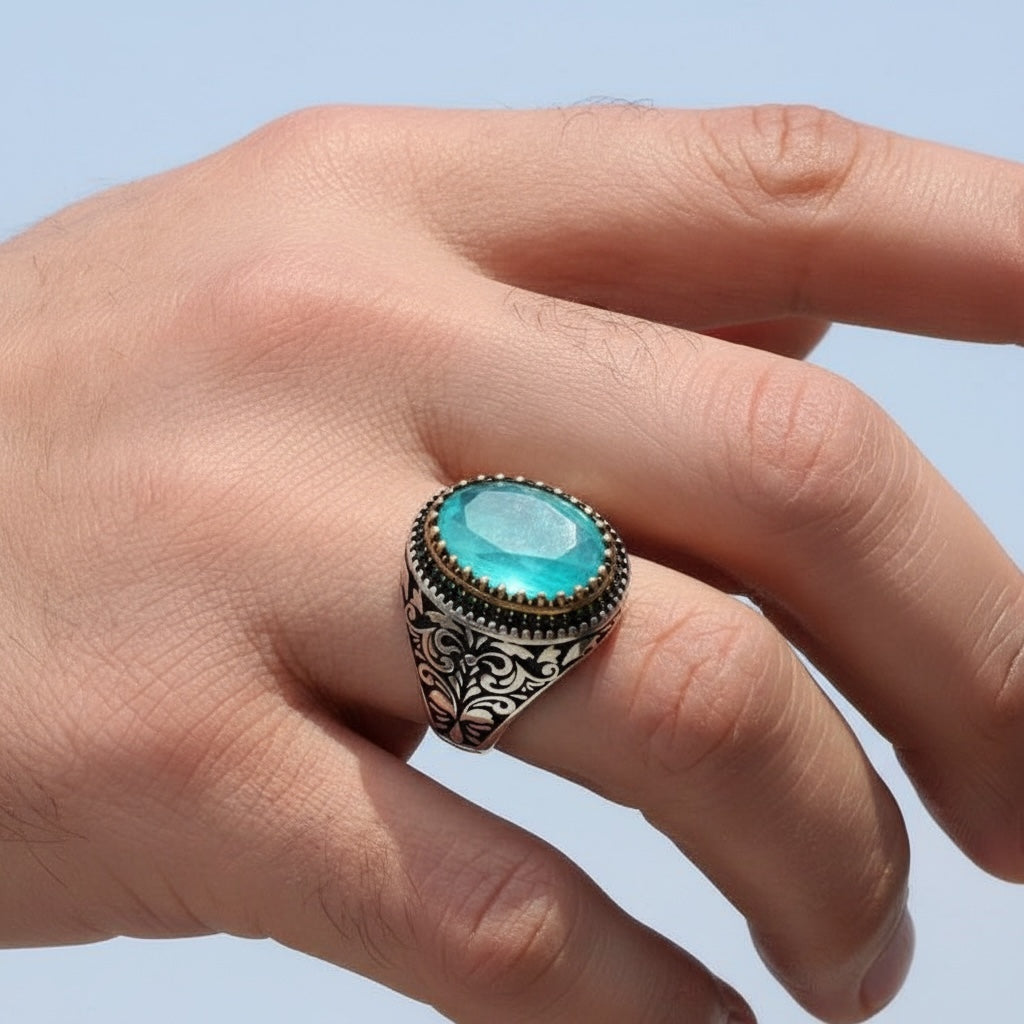 Anneau d'hommes avec paraiba pierre - 925 argent sterling
