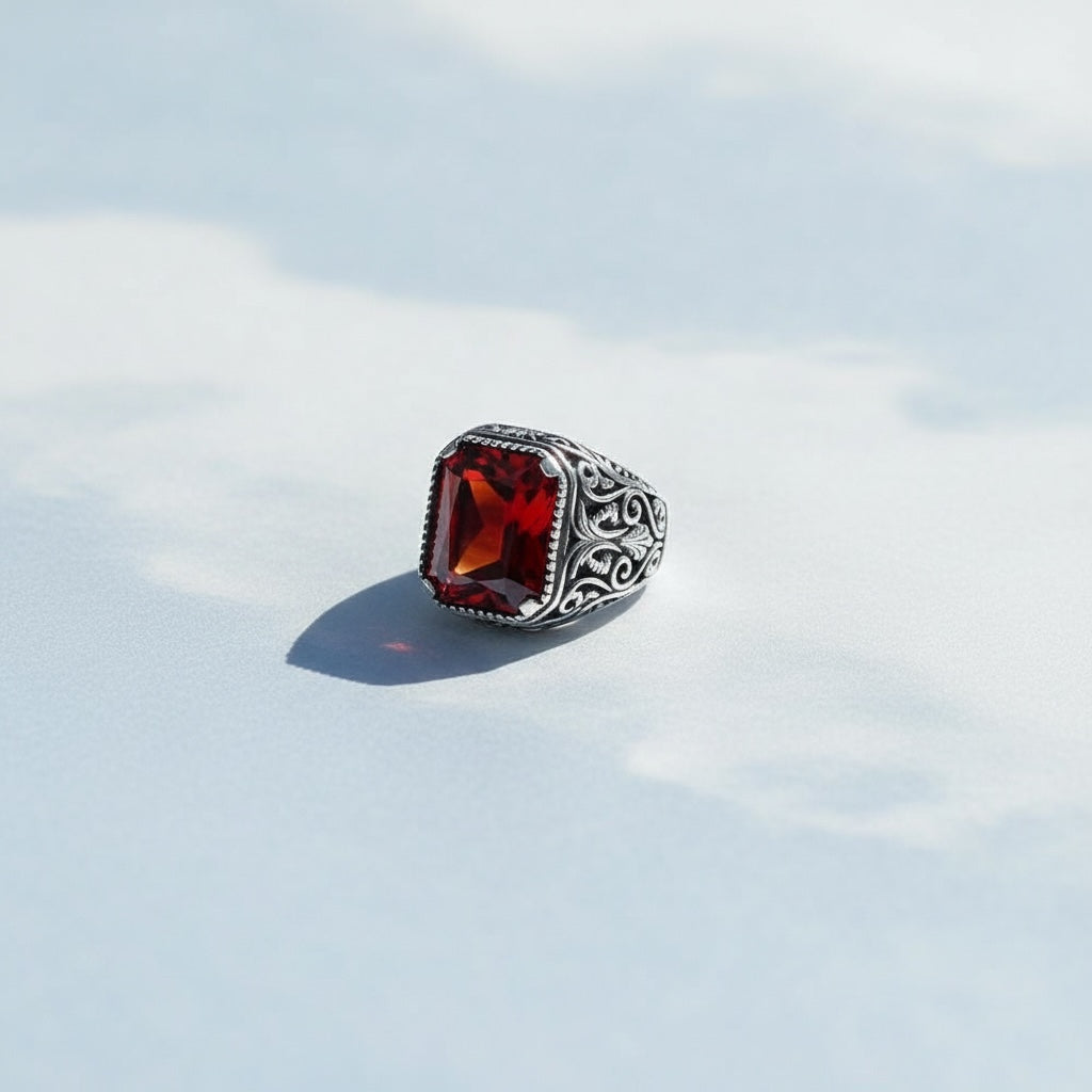 Bague pour homme en argent 925 avec pierre rouge