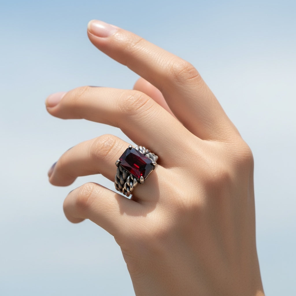Bague pour homme en argent 925 avec pierre rouge