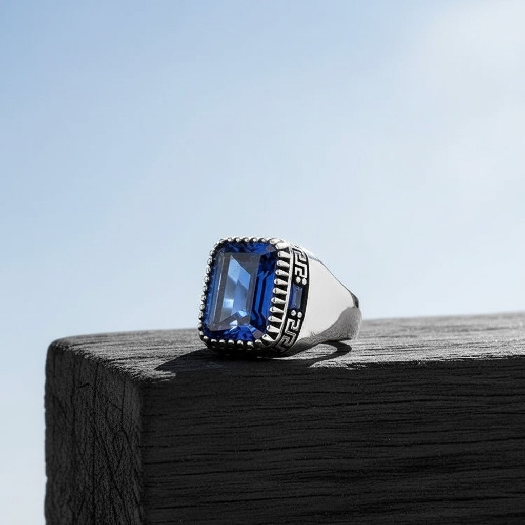 Bague homme en argent avec pierre bleue