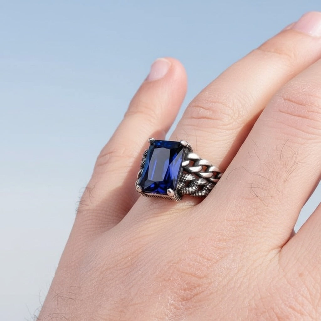 Bague homme en argent avec pierre bleue