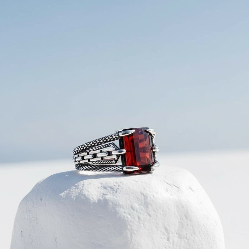 Bague pour homme en argent 925 avec pierre rouge