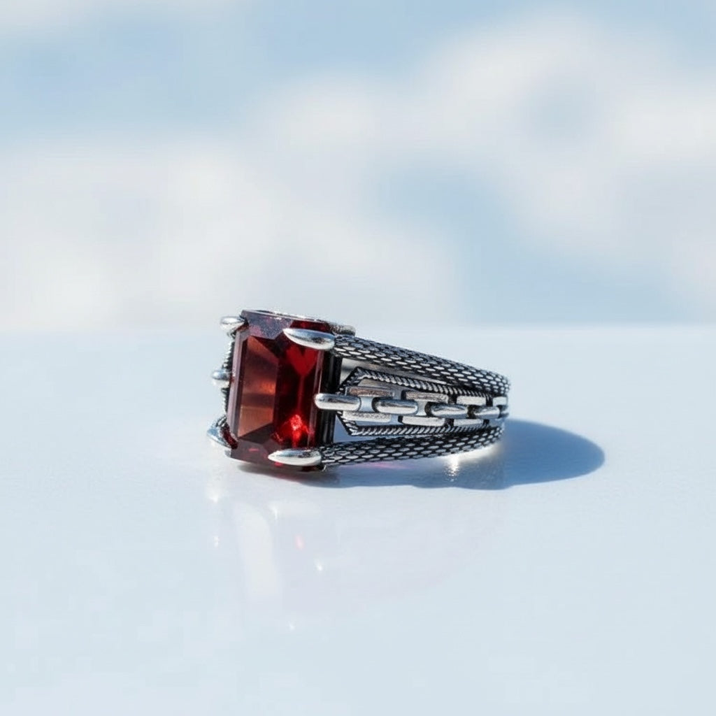 Bague pour homme en argent 925 avec pierre rouge
