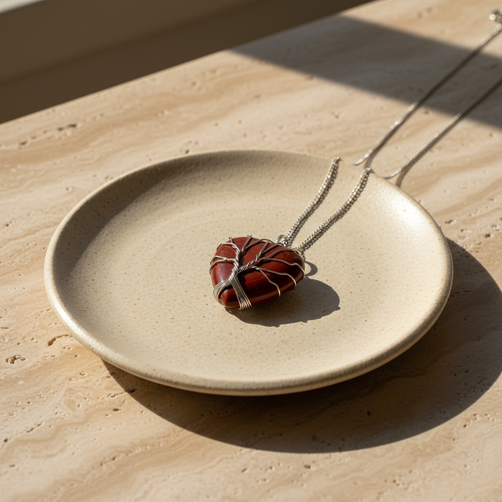 Pendentif coeur en agate rouge avec chaîne