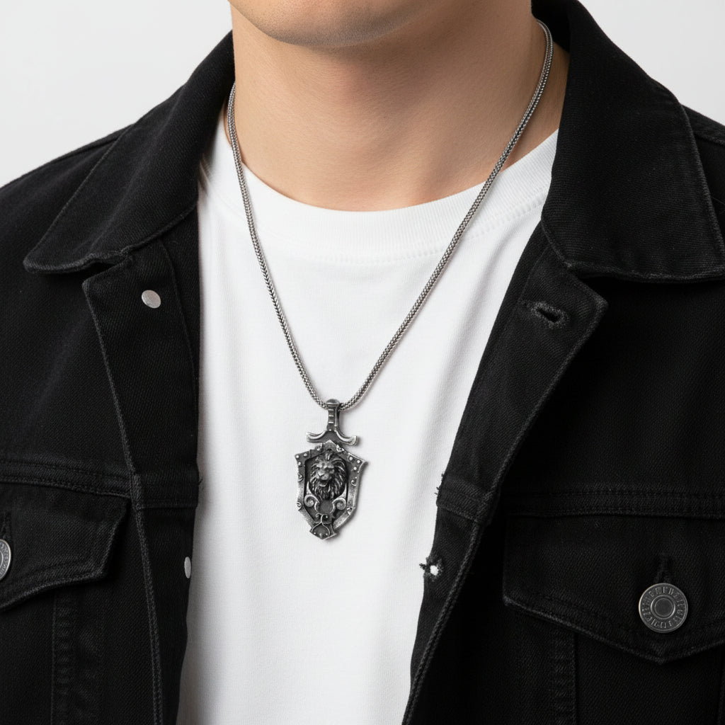 925 Silver Lion Pendant en design de bouclier