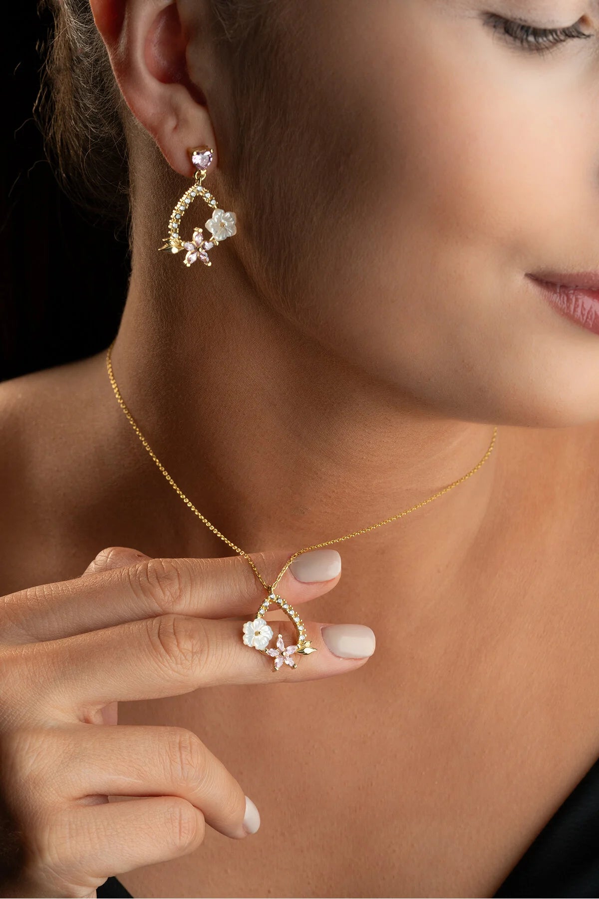 Parure Blossom Aurora en Argent avec Nacre et Pierres Roses