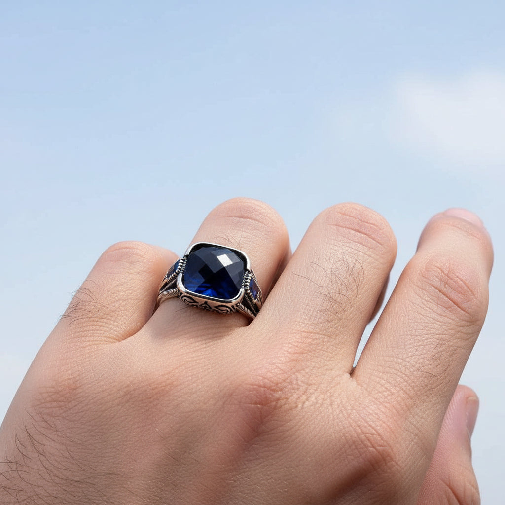 Bague pour homme en argent 925 avec pierre bleue