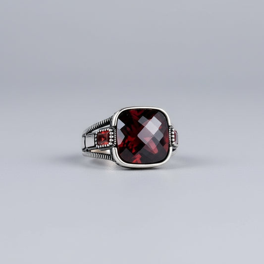 Bague pour homme en argent 925 avec pierre rouge