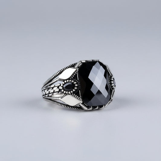 Bague pour homme en argent 925 avec grande pierre noire