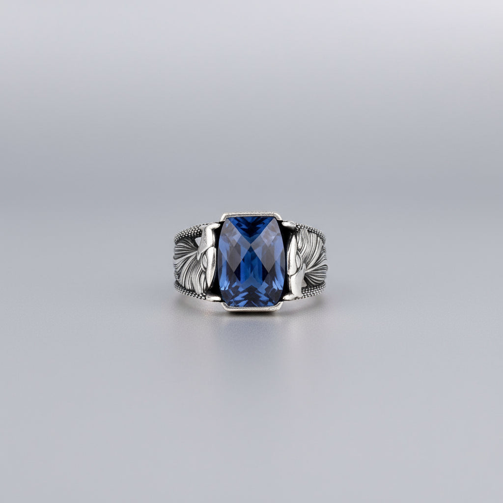 925 Zilveren Herenring met Adelaar Motief en Blauwe Steen