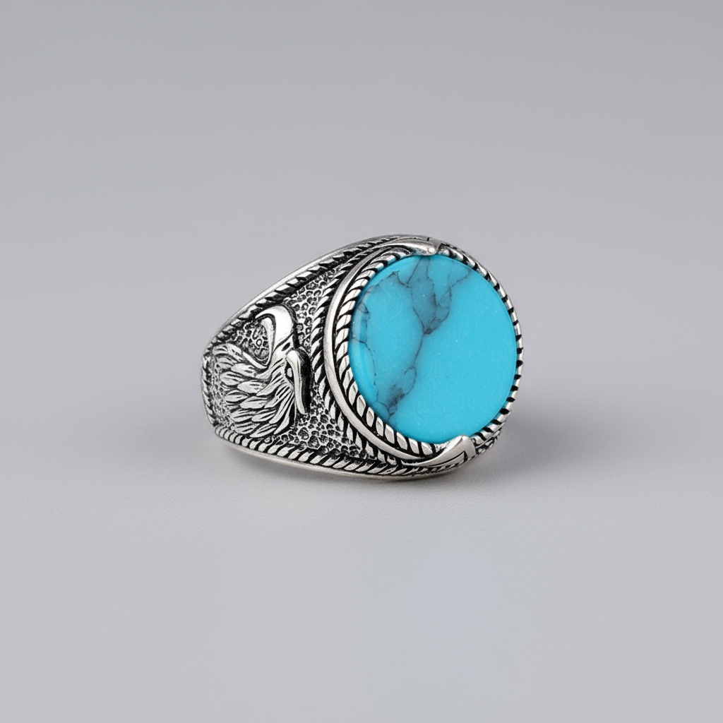 925 Zilveren Herenring met Turkoois en Adelaar Motief