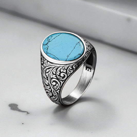 Bague pour homme en argent avec pierre turquoise ovale – Conception faite à la main