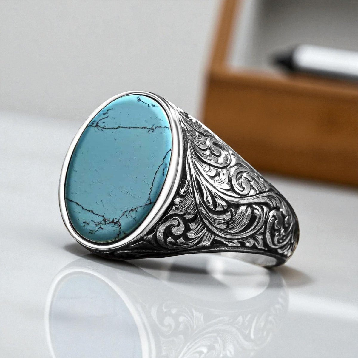 Bague pour homme en argent avec pierre turquoise ovale – Conception faite à la main