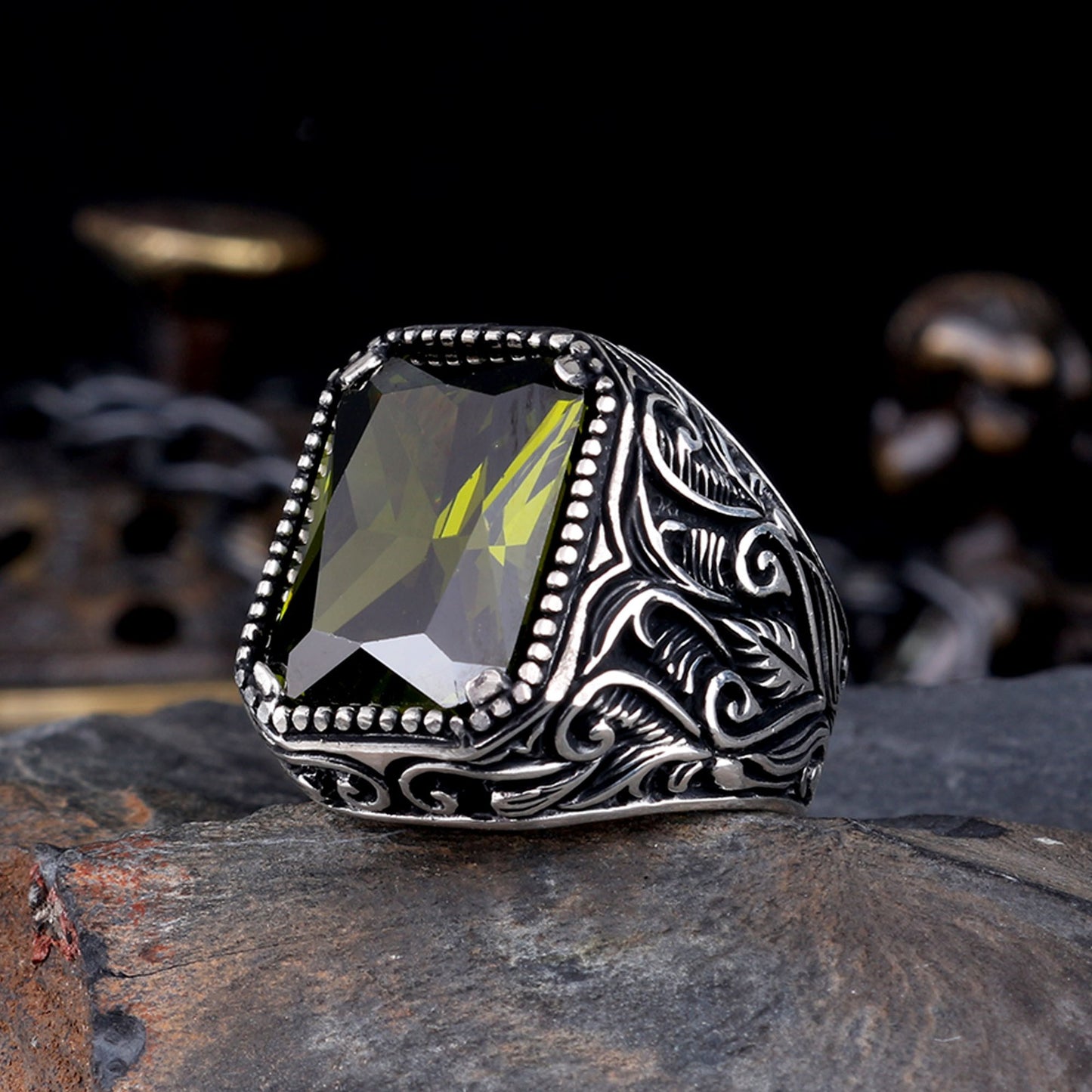 Bague pour homme en argent sterling 925 avec pierre de zircon kaki