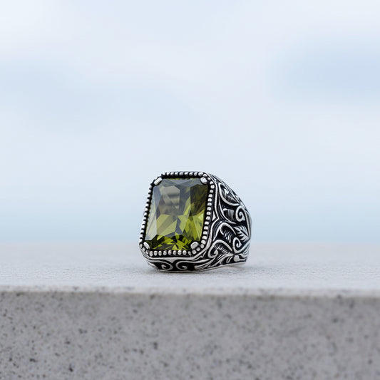 Bague pour homme en argent sterling 925 avec pierre de zircon kaki