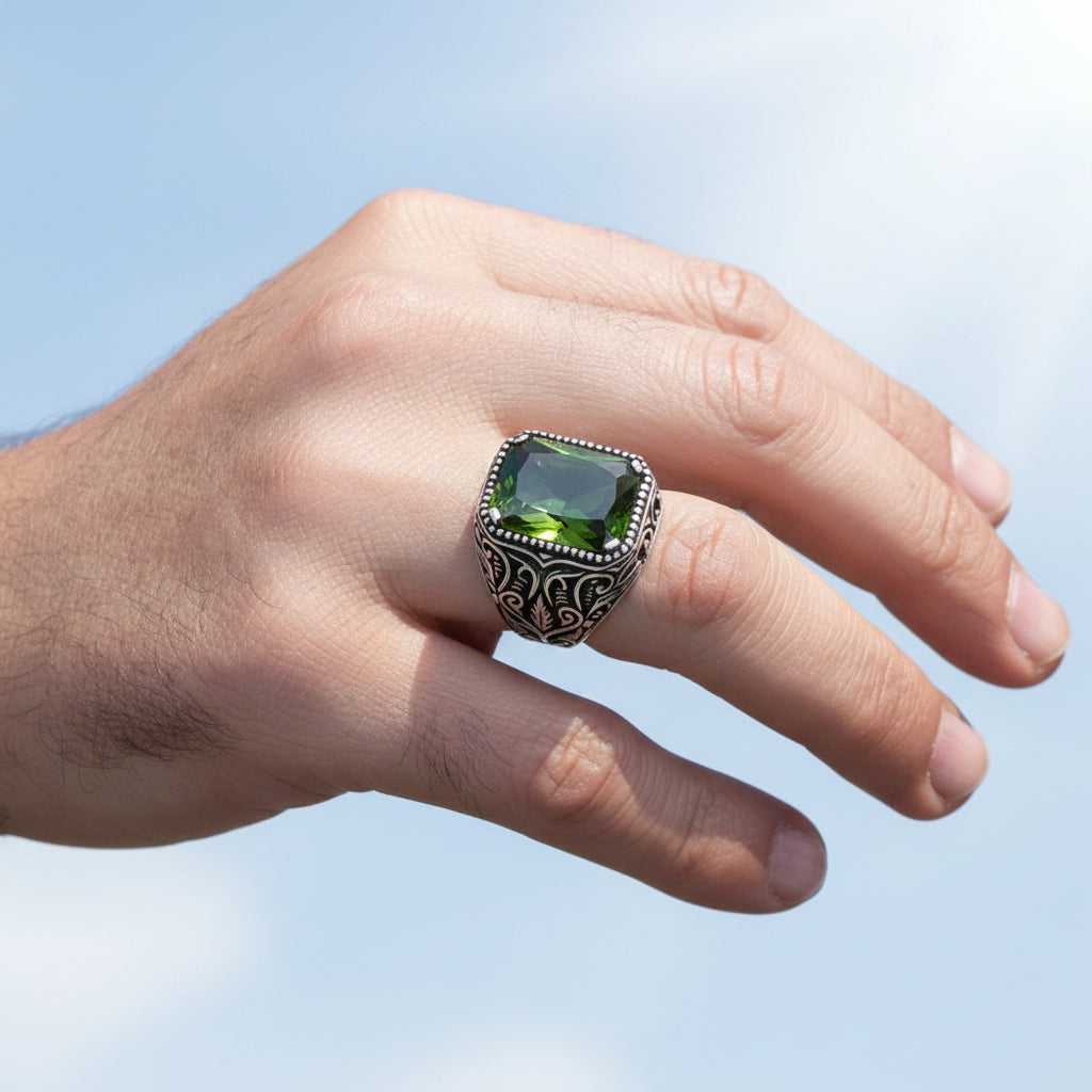 Bague pour homme en argent sterling 925 avec pierre de zircon kaki