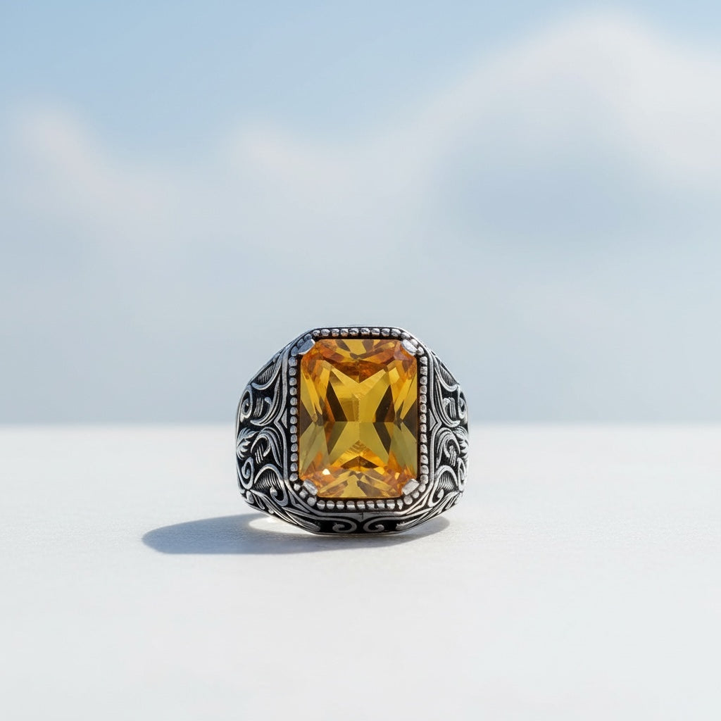 Bague pour homme en argent sterling 925 avec pierre de zircon jaune