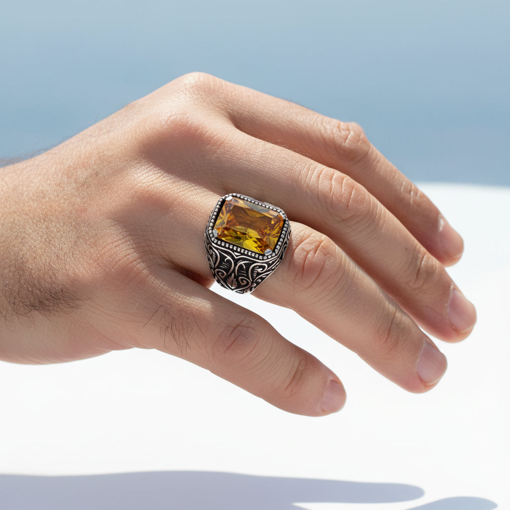 Bague pour homme en argent sterling 925 avec pierre de zircon jaune