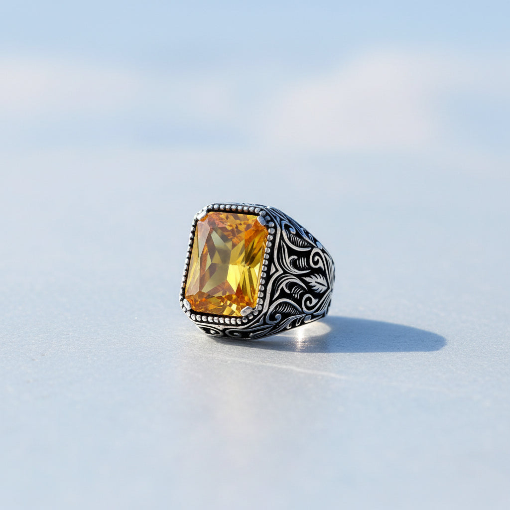 Bague pour homme en argent sterling 925 avec pierre de zircon jaune