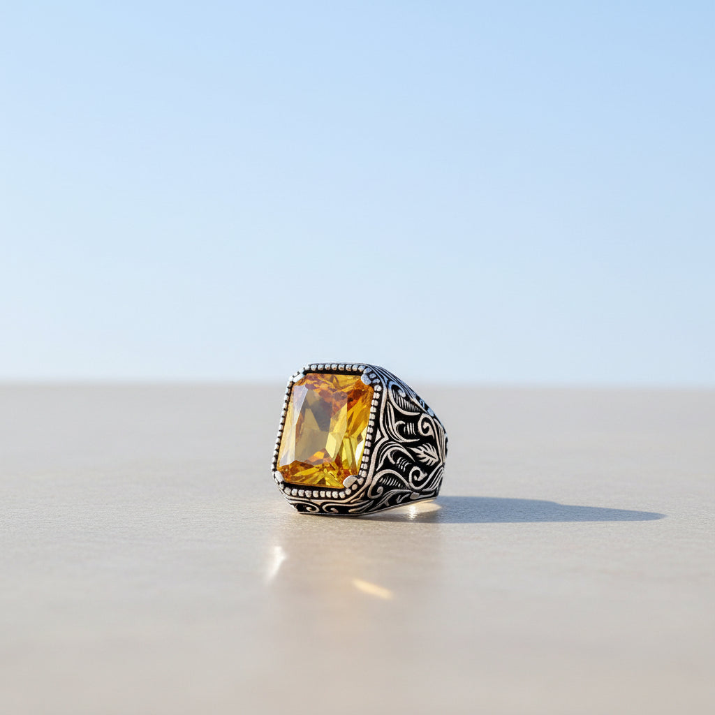 Bague pour homme en argent sterling 925 avec pierre de zircon jaune