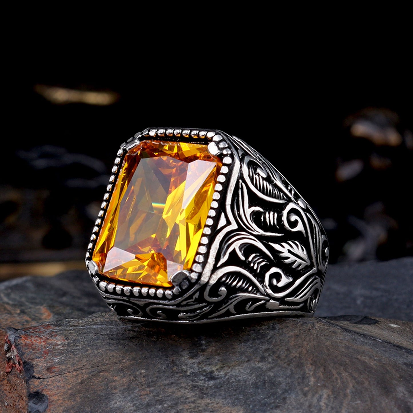 Bague pour homme en argent sterling 925 avec pierre de zircon jaune
