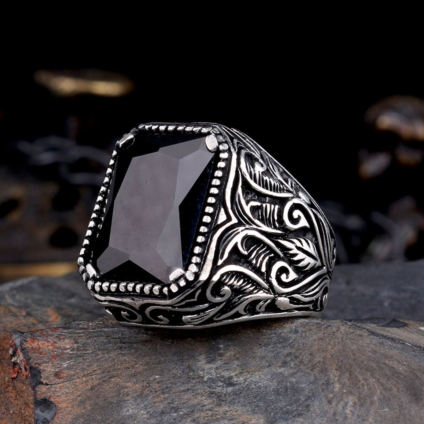 Bague pour homme en argent sterling 925 avec pierre de zircon noir