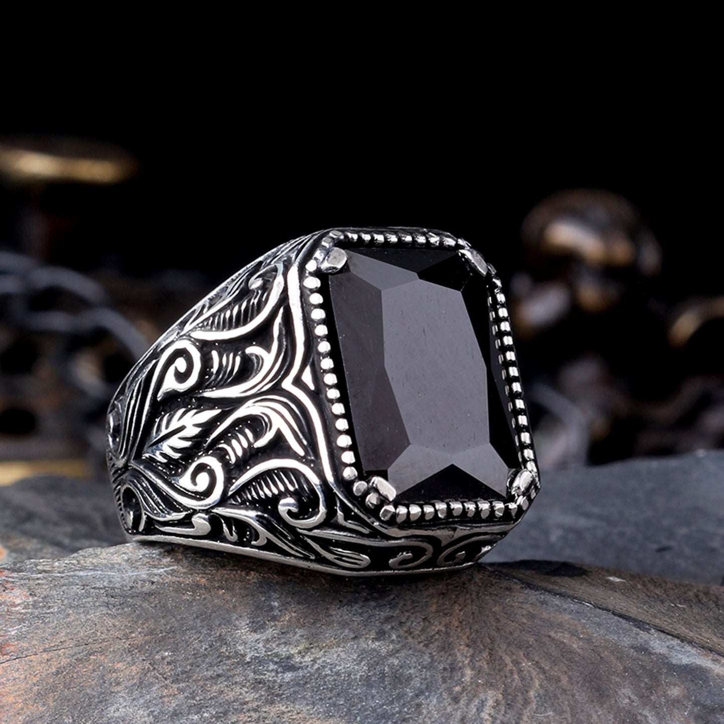 Bague pour homme en argent sterling 925 avec pierre de zircon noir
