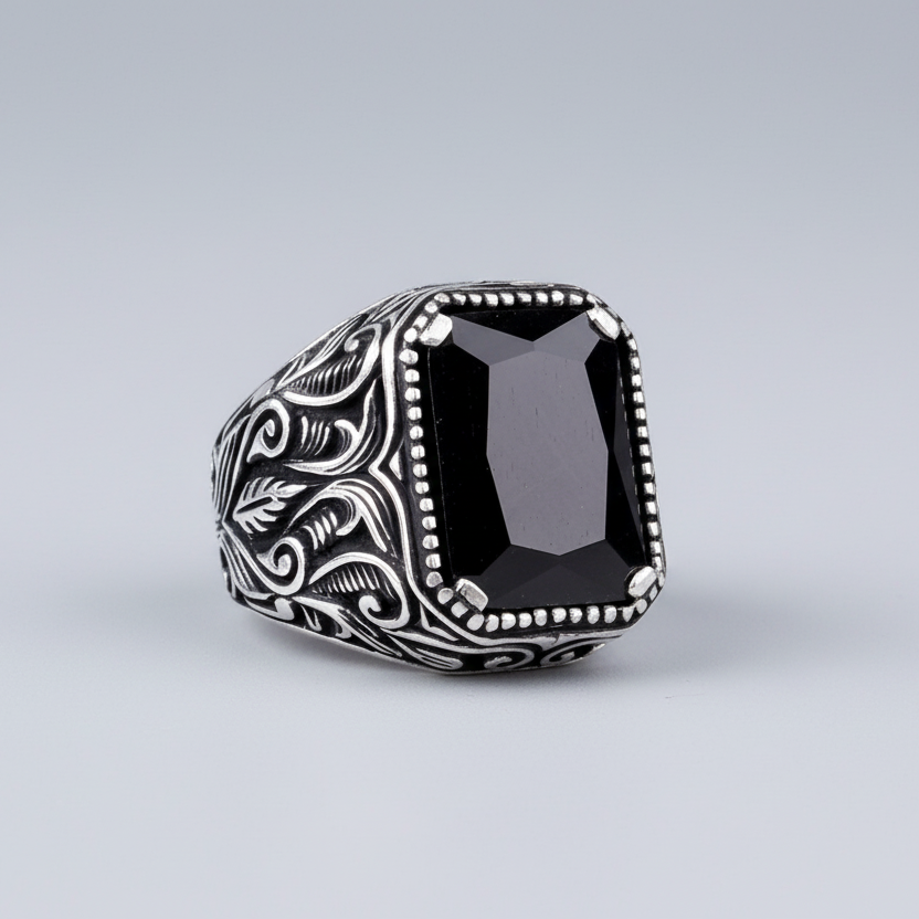 Bague pour homme en argent sterling 925 avec pierre de zircon noir