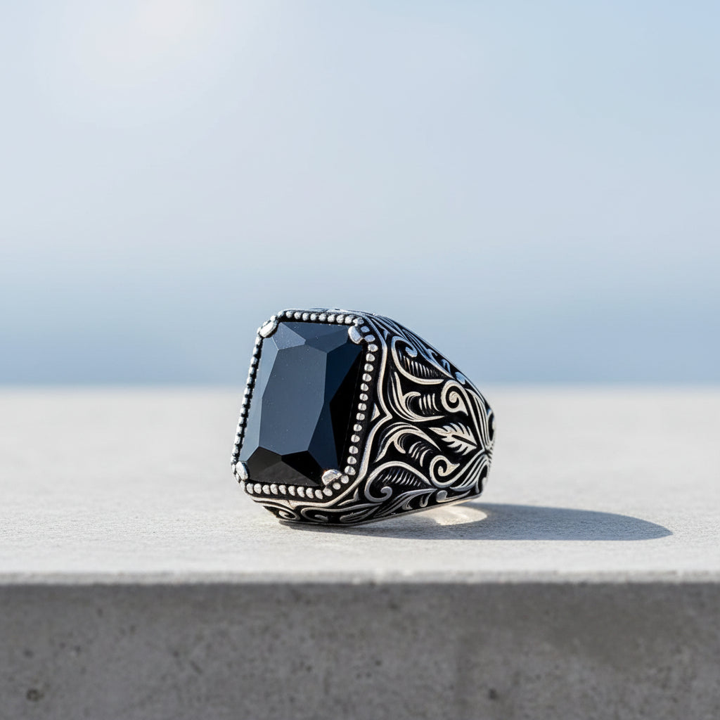 925 Sterling Zilveren Herenring met Zwarte Zirkoon Steen